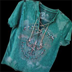 NEW AFFLICTION American Customs Rhinestone Lace Up Green Lava Wash TShirt Top S